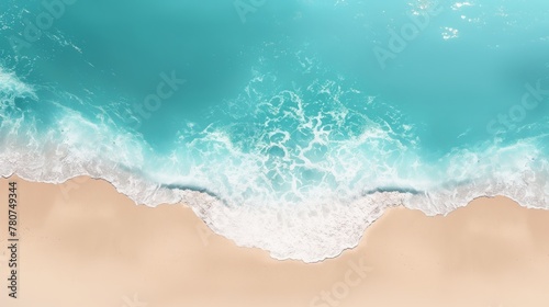 tranquil beach with a gentle wave caressing the sandy shore, under a clear turquoise sky.