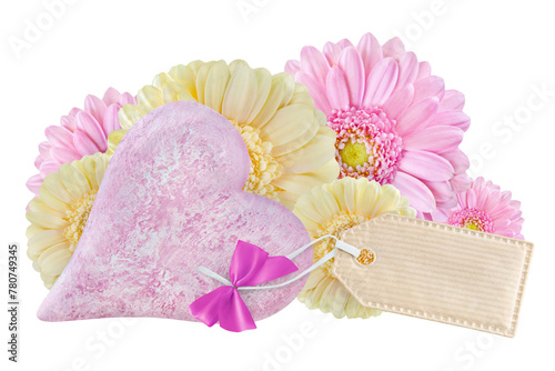 Decoration pink love heart with Gerbera flowers and label isolated on white background