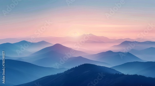 The mountain landscape is serene with a pastel evening sky and a full moon that exudes softness and serenity.