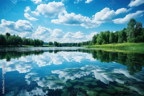 A lake with clouds in the sky