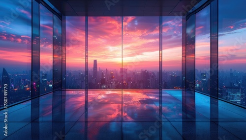 A city skyline is reflected in a large window by AI generated image