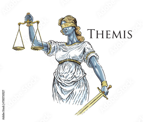 Themis illustration, of the ancient Greek goddess, personifying justice and fair trial, in the engraving style and painted in color. Vector illustration.