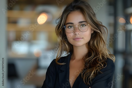 Young woman in glasses business attire standing with arms crossed in office. Concept Professional Headshots, Working Woman, Office Fashion, Corporate Portrait