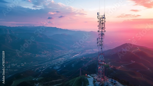 Telecommunication tower at dusk   Twilight Signals  Telecommunication Tower Overlooking Scenic Valley