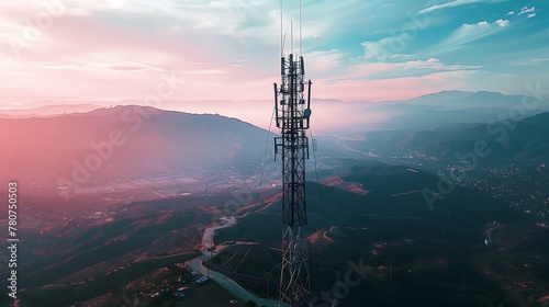 Telecommunication tower at dusk / Twilight Signals: Telecommunication Tower Overlooking Scenic Valley