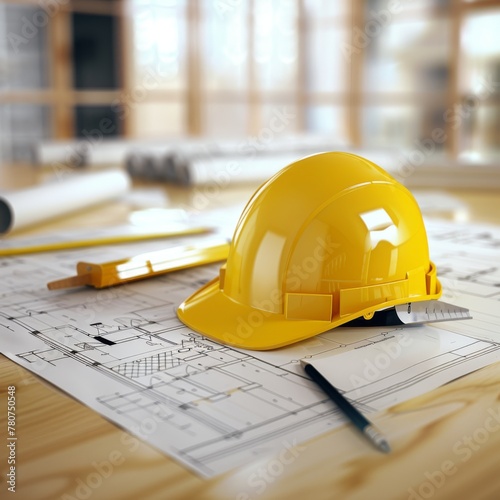 a yellow construction helmet rests atop a set of blueprints, surrounded by various architectural tools and building plans 