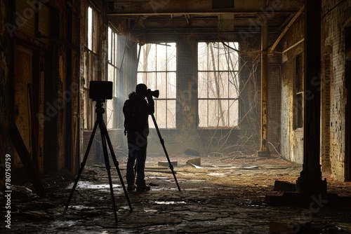 A photographer, A photographer taking pictures in an abandoned building, Ai generated photo