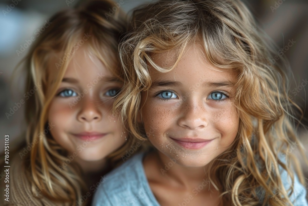 Two happy children with blue eyes and blonde hair smiling at the camera, showcasing childhood innocence Two happy children with blue eyes and blonde hair smiling at the camera, showcasing childhood innocence