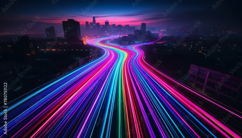 As night descends, a cityscape comes alive with a neon network of blue, pink, and purple light trails, casting a vibrant twilight glow over the urban landscape.
