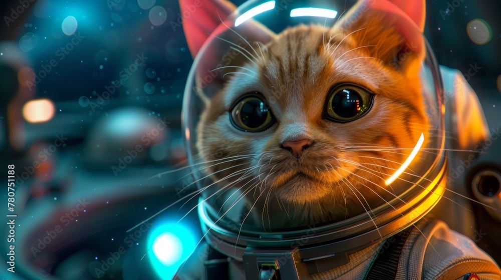AI-designed cat astronaut in space gear, a whimsical creation captured in vivid 4K detail