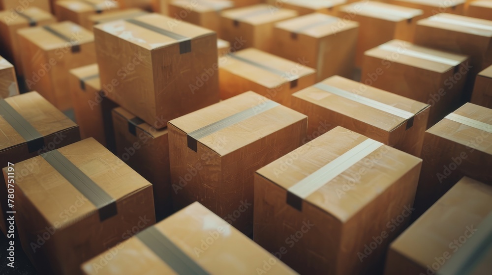 4K close-up of numerous cardboard boxes, showcasing texture and pattern, ideal for background use