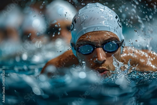 Athlete in swimming cap and goggles breaking the water's surface with force, capturing the essence of competitive swimming © Larisa AI