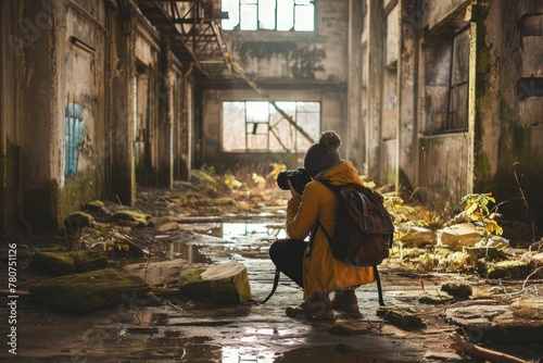 A photographer, A photographer taking pictures in an abandoned building, Ai generated photo