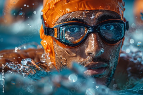 An extreme close-up captures the texture of water splash against orange swim goggles, showcasing the dynamic of water sports © Larisa AI