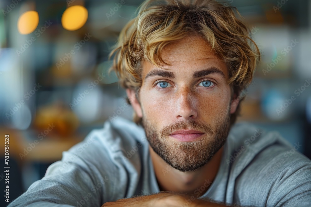 A young man with tousled hair and blue eyes stares intently at the camera, portrait in a casual setting