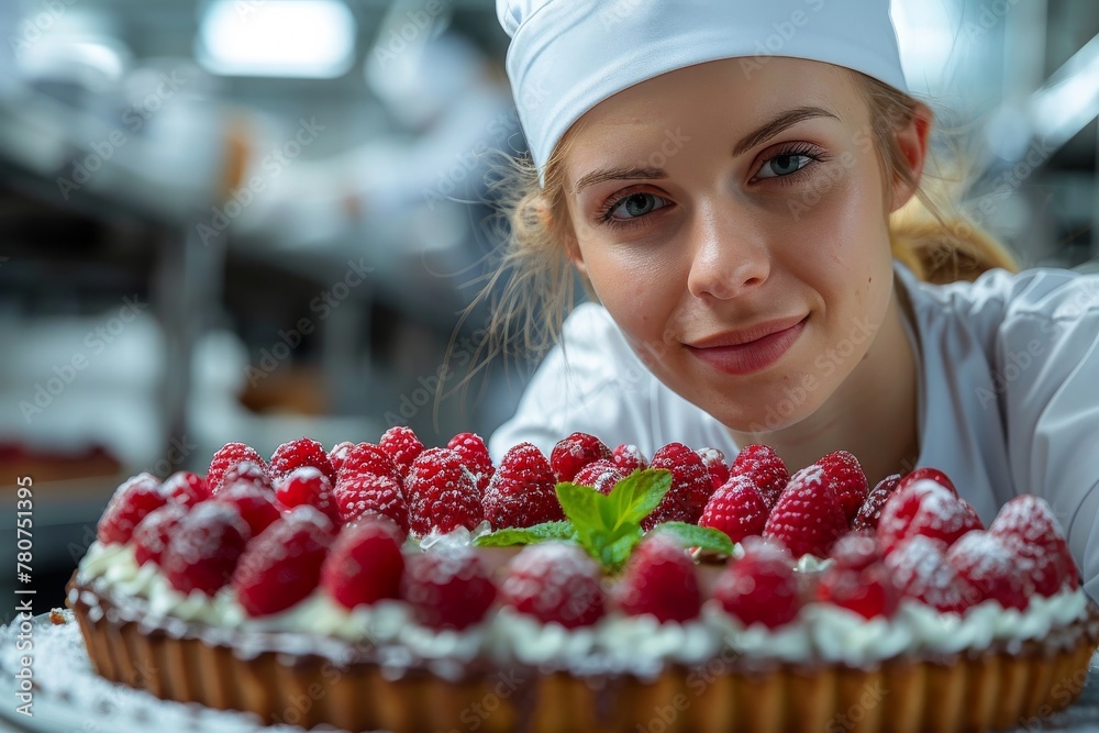 Attractive pastry chef carefully presents a freshly decorated raspberry tart with a mint garnish in a bakery Attractive pastry chef carefully presents a freshly decorated raspberry tart with a mint garnish in a bakery