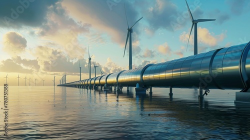 Cutting-edge hydrogen pipeline alongside towering wind turbines, vibrant future tech, 4K clarity © JP STUDIO LAB