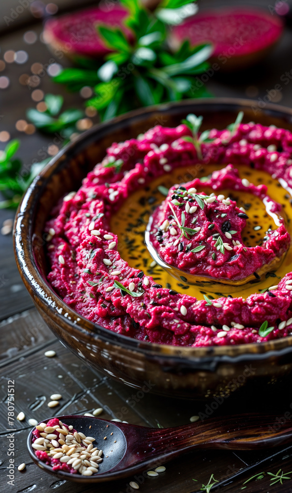beetroot hummus in a bowl with sesame seeds on a black table wallpaper restaurant aperitif	
