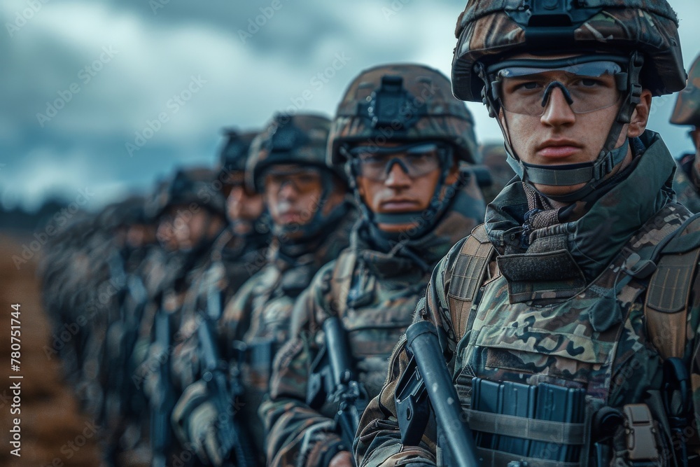 A formation of disciplined soldiers in camouflage gear standing attentively with rifles A formation of disciplined soldiers in camouflage gear standing attentively with rifles