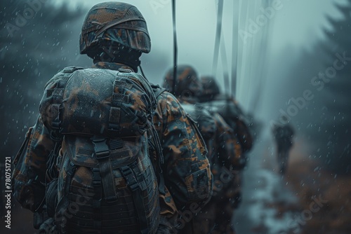 A squadron of soldiers presses forward through a downpour, focusing on their determination and the inclement weather's impact photo