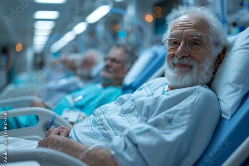 An elderly man with glasses and a cheerful smile resting in a hospital bed  portraying hope and positivity