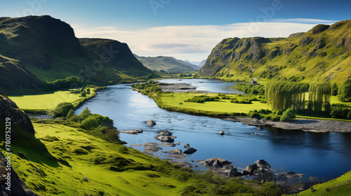 areal view of landscape with river and mountains. photo