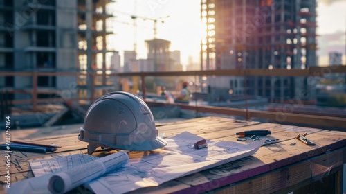 a construction helmet rests atop a set of blueprints, surrounded by various architectural tools and building plans 