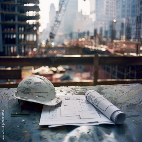 a construction helmet rests atop a set of blueprints, surrounded by various architectural tools and building plans 