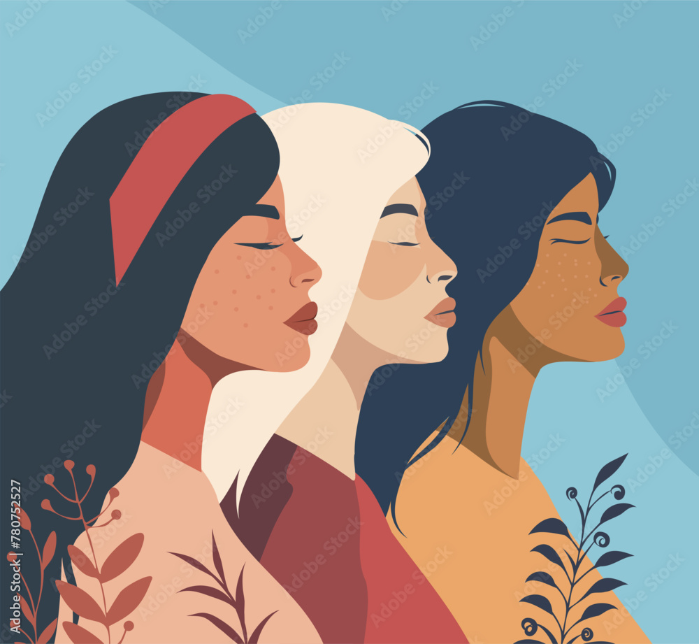 Vector banner of beautiful women group on a background of blue sky and flowers. Femininity, independence. Feminism, gender equality, empowerment concept