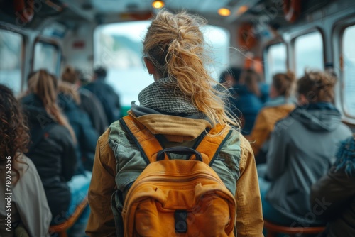 Person with a yellow backpack sightseeing in a public transport full of passengers focusing on the journey ahead