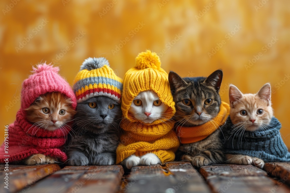 Three adorable cats sitting in a row, wearing colorful knitted hats, presenting a cute autumnal scene Three adorable cats sitting in a row, wearing colorful knitted hats, presenting a cute autumnal scene