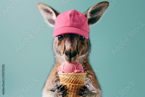 kangaroo eating ice cream, pink ice cream, kangaroo in cap, turquoise background, ice cream photo