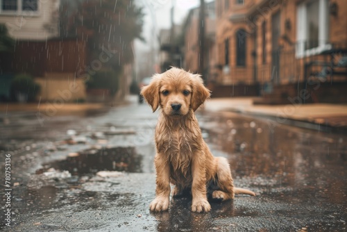 a dog puppy sits on a rain-soaked street, gazing directly at the camera 
