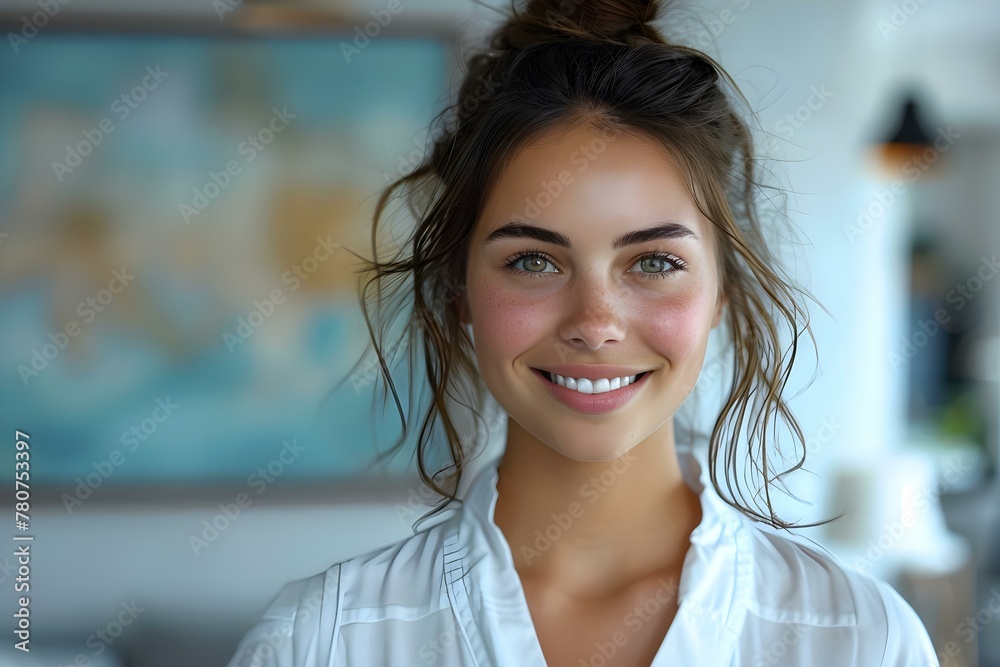 A smiling woman in a white uniform in a bright office. Concept Workplace Poses, Professional Attire, Bright Office Setting A smiling woman in a white uniform in a bright office. Concept Workplace Poses, Professional Attire, Bright Office Setting