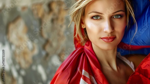 A portrait of a beautiful Serbian woman highlighted by the vibrant colors of the Serbian flag. Serbian woman of natural beauty in feeling of national pride.
