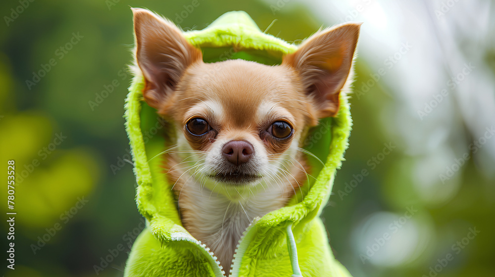 Chihuahua in Bright Green Hoodie, Alert Tiny Dog, Close-Up Pet Portrait with Natural Background Chihuahua in Bright Green Hoodie, Alert Tiny Dog, Close-Up Pet Portrait with Natural Background