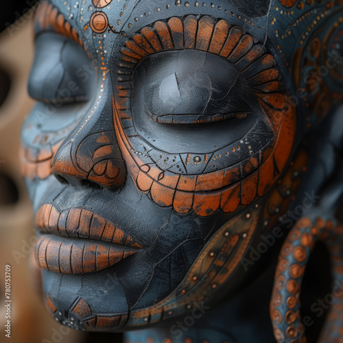 Close-up of a blue and bronze tribal African mask with intricate designs, Generative AI
