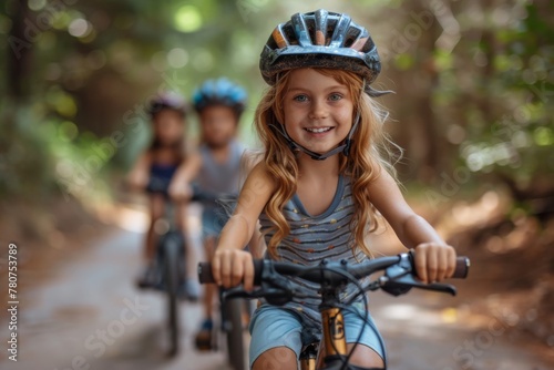 An adventurous girl leads her friends on a bike ride along a wooded path, illustrating freedom and exploration