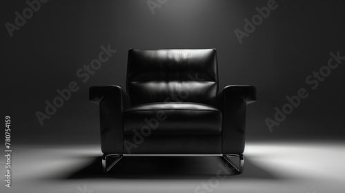 Contemporary armchair, sleek black leather, isolated, studio spotlight, frontal view, high contrast.