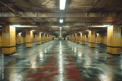 An empty parking garage with yellow pillars and worn paint on the floor, creating a sense of abandonment and isolation