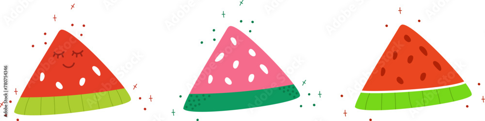 Set of watermelon slice isolated on white. Vector illustration in doodle style. Cute flat style. Red watermelon with kawaii eyes.Funny hand draw fruit piece. Pink and green colors. Set of watermelon slice isolated on white. Vector illustration in doodle style. Cute flat style. Red watermelon with kawaii eyes.Funny hand draw fruit piece. Pink and green colors.