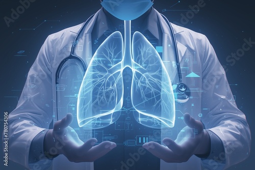Medical doctor holding glowing virtual human lung in hands in Respiratory system protection and health care concepts photo