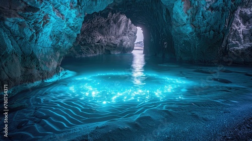 Bioluminescent Tide in a Sea Cave Entrance