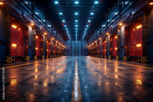 Rows of red garage doors line a blue-lit corridor  creating a dramatic and futuristic visual effect