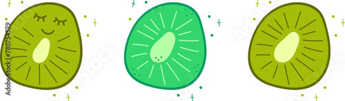 Set of kiwi slice isolated on white. Vector illustration in doodle style. Cute flat style. Green kiwi with kawaii eyes.Funny hand draw fruit piece.