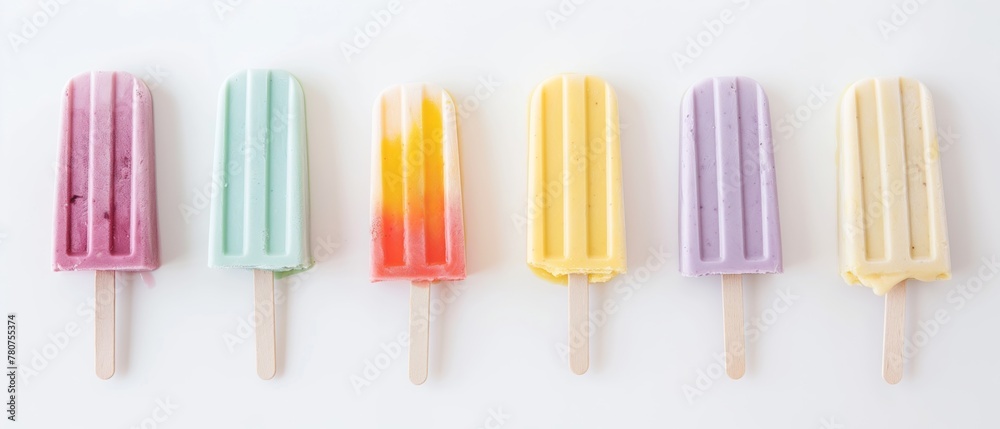 A variety of colorful popsicles neatly aligned on a white surface. A variety of colorful popsicles neatly aligned on a white surface.