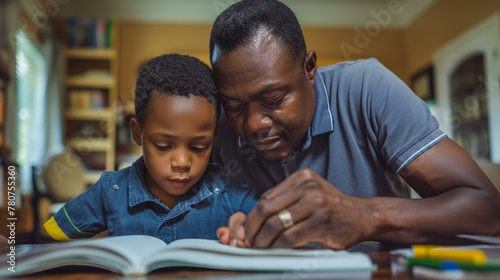 Happiness elementary age son reading, father and son reading together