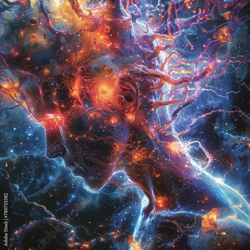 Craft an image that blends intricate neural networks with cosmic elements  highlighting the fusion of individual consciousness with the expansive universe Show how