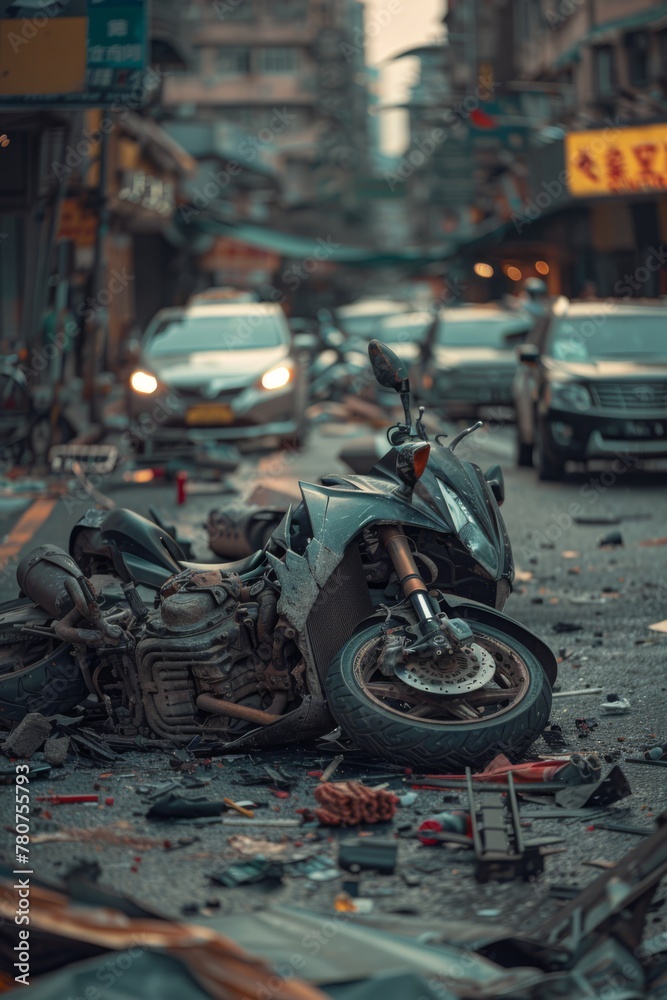 a motorcycle accident scene unfolds on the street, with scattered debris and nearby vehicles bearing witness to the aftermath

