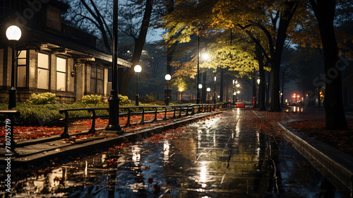 A Park in Heavy Rain With Street Lights and Shiny Reflective Autumn Leaves